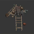 Vintage Wooden Farm Tool Components With Wheels Clay Pots And Metal Parts
