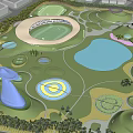 Park Landscape Design With Circular Structure Lake Green Spaces Hills and Trees