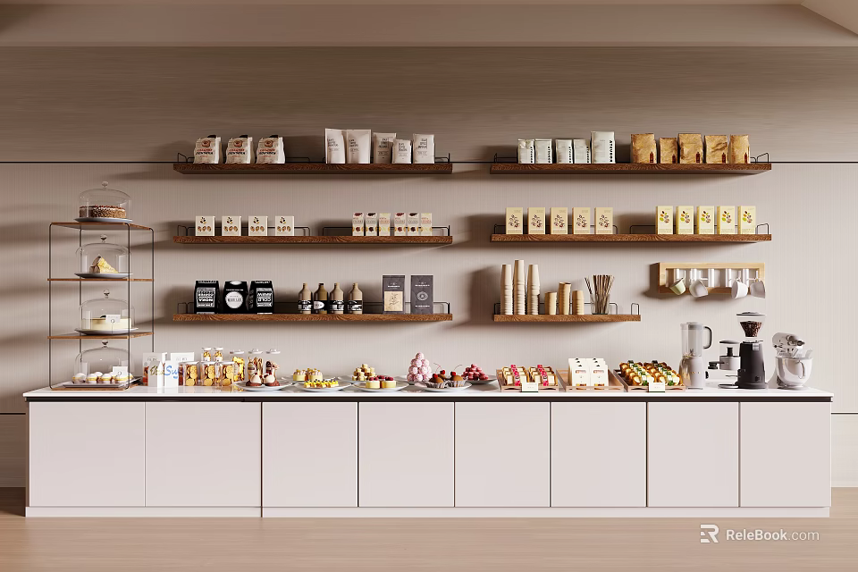 Delicious Food And Bakery Items On Kitchen Shelves 3d model 