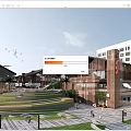 Traditional And Modern Commercial Street With Plaza Steps Greenery Colorful Balloons And Pedestrians