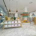 MILK Family Baby Products Specialty Store With Shelves Display Cabinets Hanging Lights And Colorful Seats