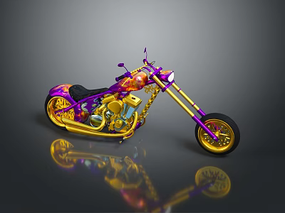 Custom Purple and Gold Motorcycle with Flame Graphics Black Seat Gold Wheels and Shiny Chain 3d model