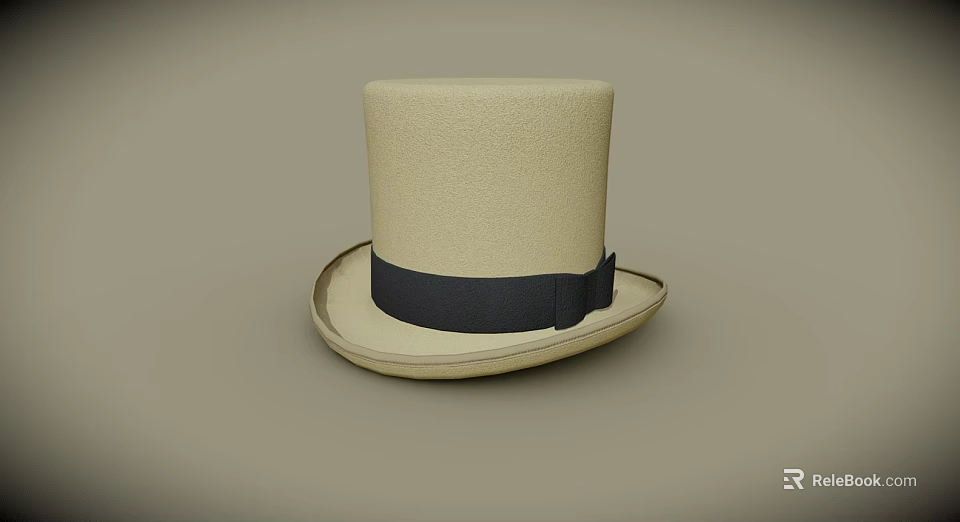 Stylish Beige Top Hat With Black Ribbon Bow Classic Design For Fashionable Look 3d model 