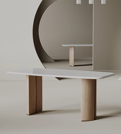 Sleek Modern Dining Table With Smooth White Tabletop And Wooden Legs Near Round Mirror 3d model