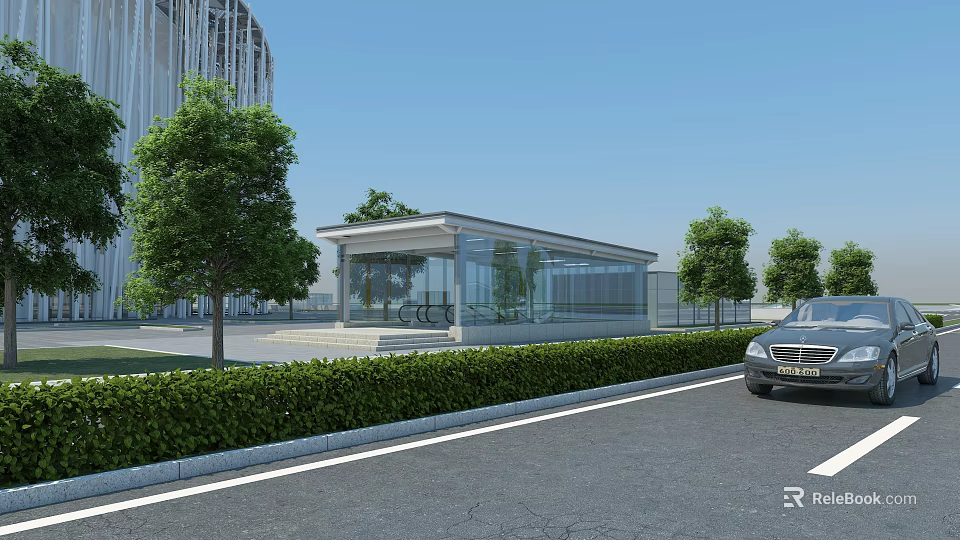 Sleek Modern Sunshade Canopy For Outdoor Space With Trees And Vehicles 3d model 