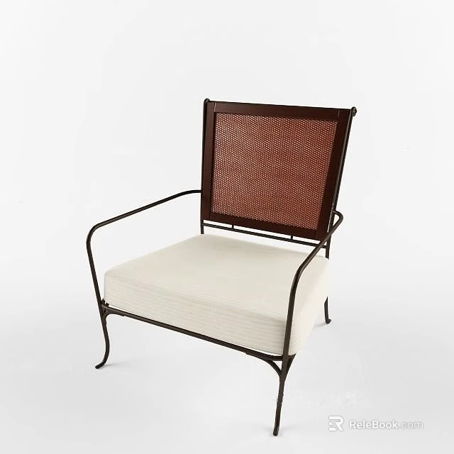 Modern Single Seater Sofa with Brown Woven Backrest Black Metal Frame and White Cushion 3d model 