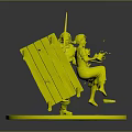Adventurous Male And Female Characters With Sword Arrows And Cooking Pot On Wooden Stand Base