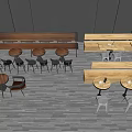Modern Wooden Dining Table Set With Round Tables Chairs Benches Striped Walls And Wooden Flooring