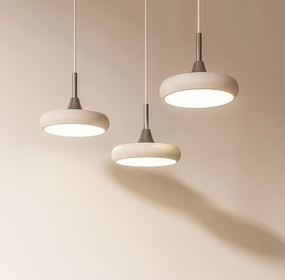Three Modern Pendant Lights With White Round Shades And Metal Brackets Hanging From Ceiling 3d model