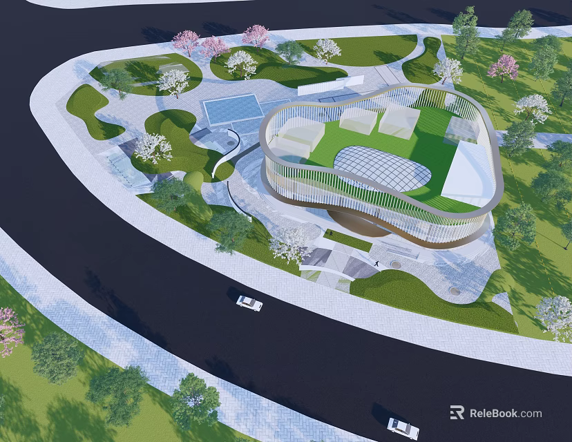 Modern Sales Office Building With Curved Glass Facade And Landscaped Gardens Including Trees And Parking 3d model 