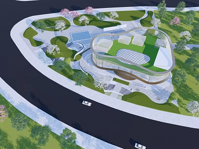 Modern Sales Office Building With Curved Glass Facade And Landscaped Gardens Including Trees And Parking 3d model