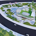 Modern Sales Office Building With Curved Glass Facade And Landscaped Gardens Including Trees And Parking
