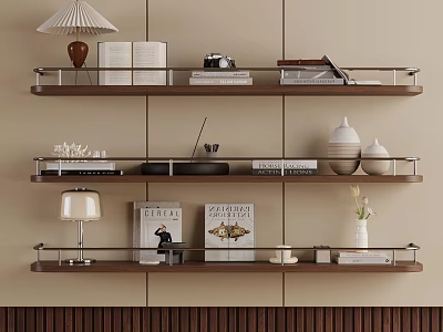 Modern Wall Shelves With Books Table Lamp Vases And Decorative Items 3d model