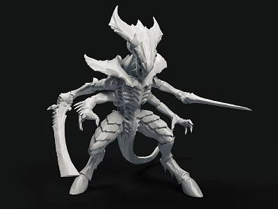 Exoskeleton Horned Game Movie Character Holding Sword In Battle Stance 3d model