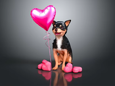 Cute Chihuahua Dog Holding Pink Heart Balloon With Heart Shaped Objects On Dark Background 3d model