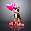 Cute Chihuahua Dog Holding Pink Heart Balloon With Heart Shaped Objects On Dark Background