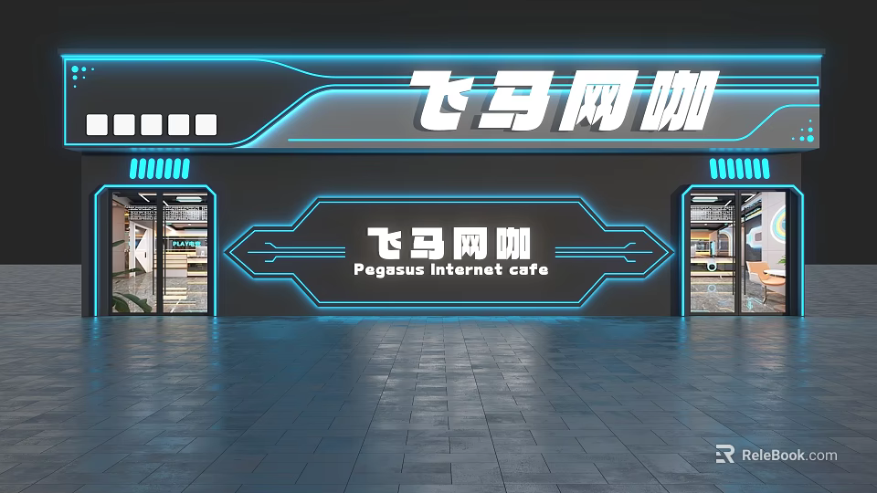 Modern Pegasus Internet Cafe Exterior With Blue Neon Lights And Entrance Design 3d model 