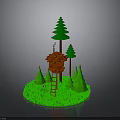 3D Red Treehouse Design With Pine Trees Ladder And Green Grass