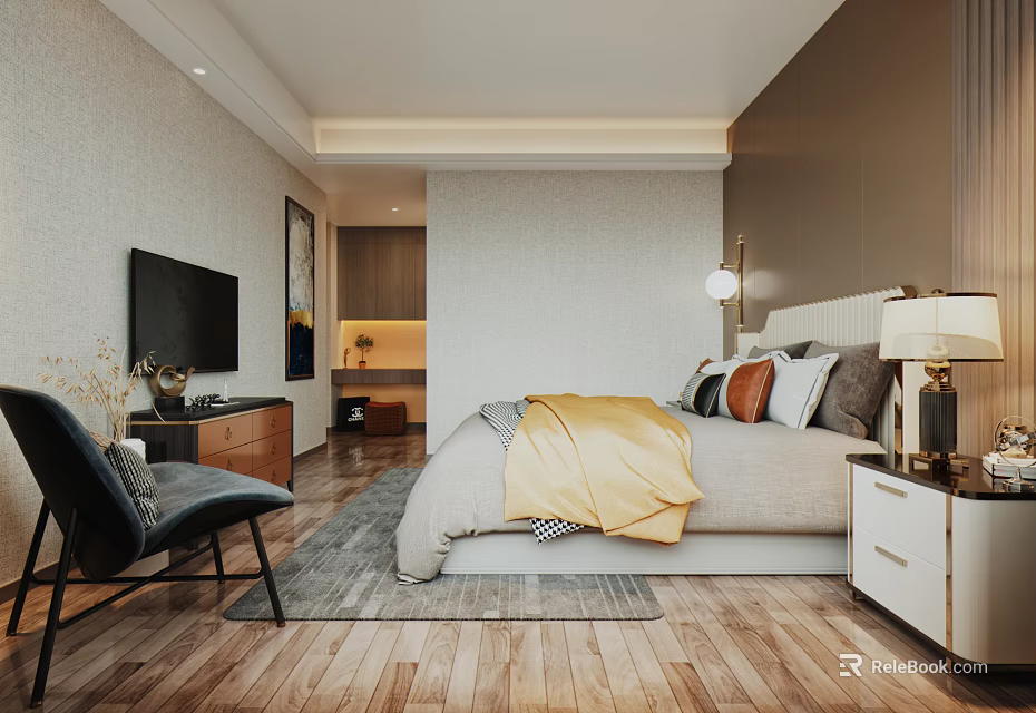 Modern Bedroom Interior With Comfortable Bed Yellow Blanket Pillows Nightstand Lamp Chair And Wooden Floor 3d model 