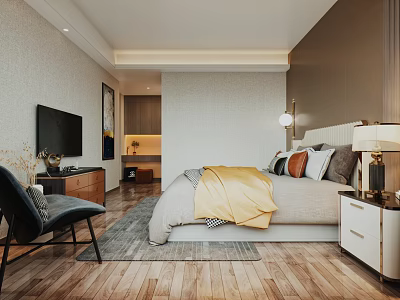 Modern Bedroom Interior With Comfortable Bed Yellow Blanket Pillows Nightstand Lamp Chair And Wooden Floor 3d model