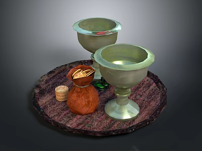 Decorative Round Tray With Green Goblets Brown Bag Gold Coins And Coin Rolls 3d model