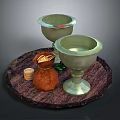 Decorative Round Tray With Green Goblets Brown Bag Gold Coins And Coin Rolls