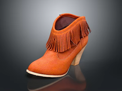 Brown Fringe Decorated Boots With Wooden Heel And White Sole Design 3d model