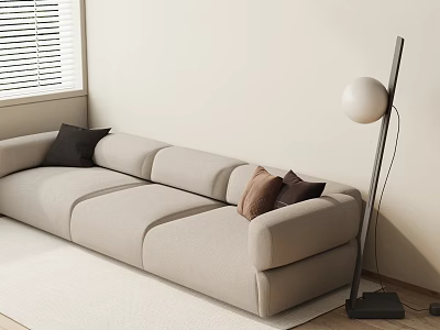Three Seater Beige Sofa with Black and Brown Pillows Modern Floor Lamp near Window Blinds 3d model