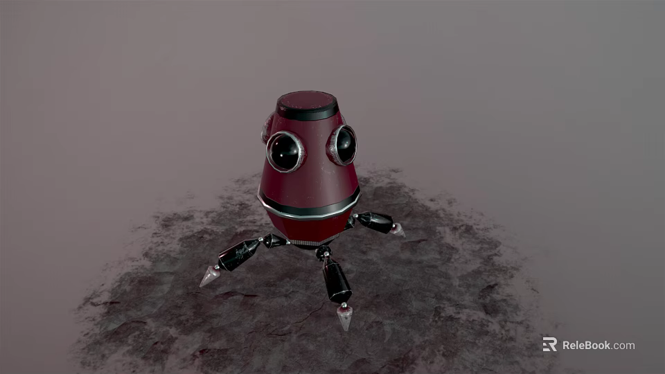 Red Small Robot Creature With Black Eyes And Metal Legs On Ground 3d model 