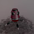 Red Small Robot Creature With Black Eyes And Metal Legs On Ground