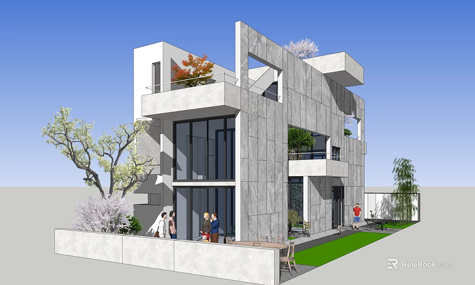 Modern Detached Villa Exterior With Gray Stone Walls Large Glass Windows And Garden Landscaping 3d model 