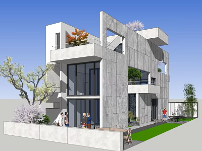 Modern Detached Villa Exterior With Gray Stone Walls Large Glass Windows And Garden Landscaping 3d model