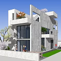 Modern Detached Villa Exterior With Gray Stone Walls Large Glass Windows And Garden Landscaping