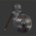Medieval Weapons Set Including Helmet Axe And Shield With Intricate Details