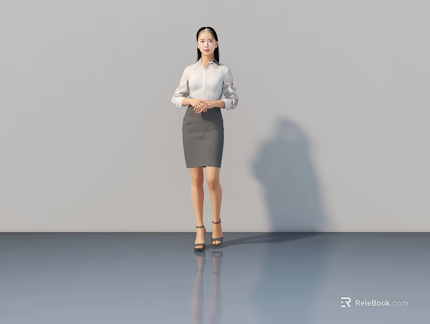 Woman Standing in White Shirt and Gray Skirt with High Heels on Blue Floor 3d model 