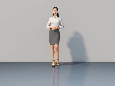 Woman Standing in White Shirt and Gray Skirt with High Heels on Blue Floor 3d model