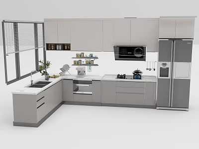 Modern Kitchen Design With Gray Cabinets Island Countertop And Stainless Steel Appliances 3d model