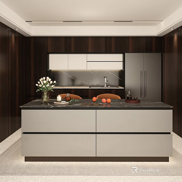 Modern Kitchen Interior With Wooden Cabinets Island Counter And Stainless Steel Refrigerator 3d model 