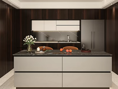 Modern Kitchen Interior With Wooden Cabinets Island Counter And Stainless Steel Refrigerator 3d model