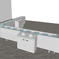 Curved Display Shelves Featuring Metal Body Blue Countertop White Plates And Trash Bins