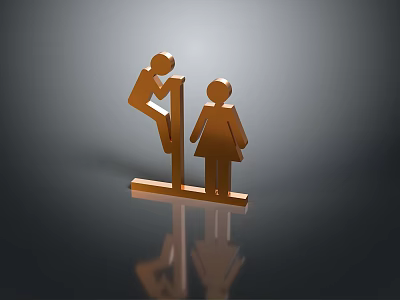 Golden Male Female Symbols Featuring Climbing Man Standing Woman On Platform With Dark Background Reflection 3d model