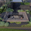Outdoor Sofa In Garden With Green Plants Trees And People Sitting