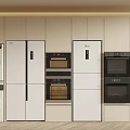 Household Appliances In Modern Open Concept Kitchen With Various Cooking And Laundry Devices
