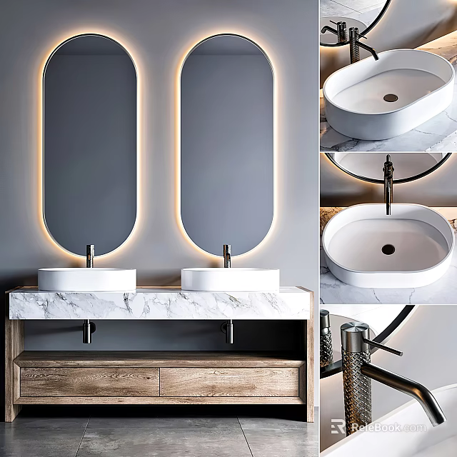 Contemporary Double Sink Vanity with Marble Countertop Backlit Mirrors and Wooden Cabinet 3d model 
