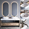 Contemporary Double Sink Vanity with Marble Countertop Backlit Mirrors and Wooden Cabinet