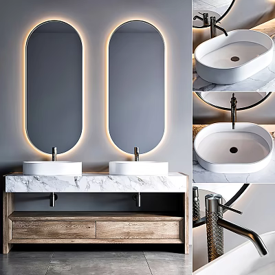 Contemporary Double Sink Vanity with Marble Countertop Backlit Mirrors and Wooden Cabinet 3d model