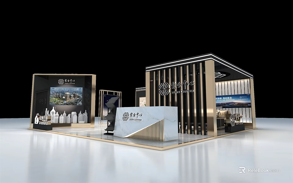 Modern Elegant Exhibition Booth Design With Metallic Strips Display Screens And Marble Reception Counter 3d model 