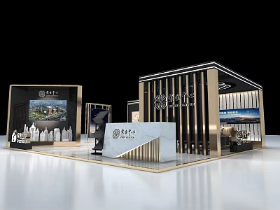 Modern Elegant Exhibition Booth Design With Metallic Strips Display Screens And Marble Reception Counter 3d model