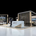Modern Elegant Exhibition Booth Design With Metallic Strips Display Screens And Marble Reception Counter