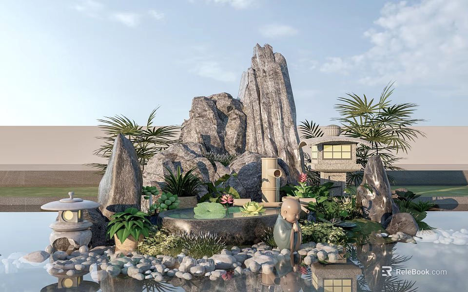 Tranquil Garden Ornament with Rockery Water Feature Stone Lantern Green Plants and Pebbles 3d model 
